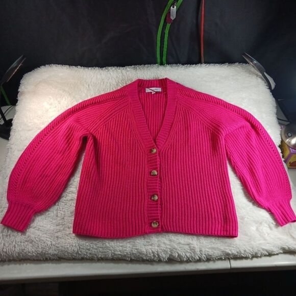 Madison Gray Women’s Pink 4 Button  Cardigan Knit Balloon Sleeve V-Neck Size L - Picture 4 of 8
